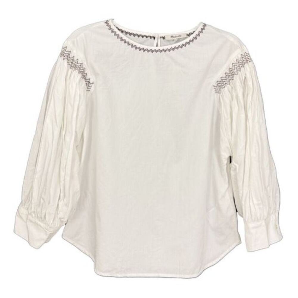Madewell Embroidered Poplin Balloon Sleeve Top White Crewneck Cotton Zig Zag XL - Picture 3 of 10